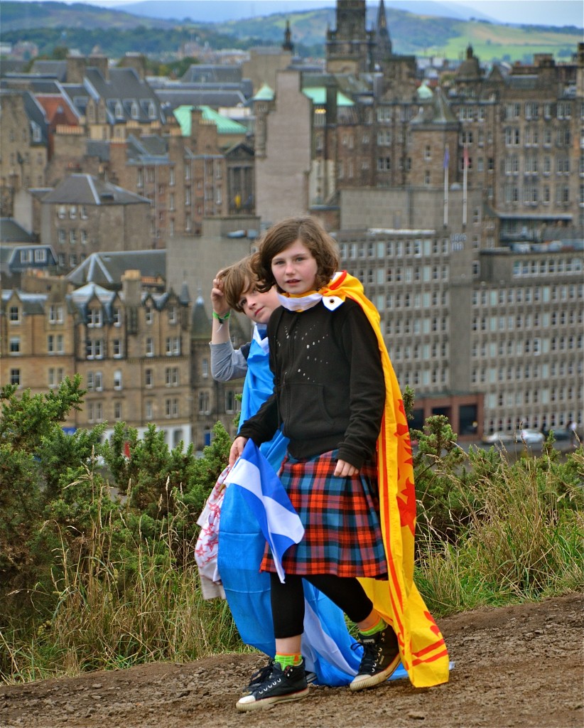 Children wearing flags and kilts, Scottish independence rally, Edinburgh.