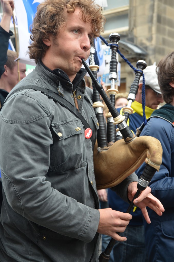 A man playing bagpipes on a Scottish independence rally, Edinburgh.
