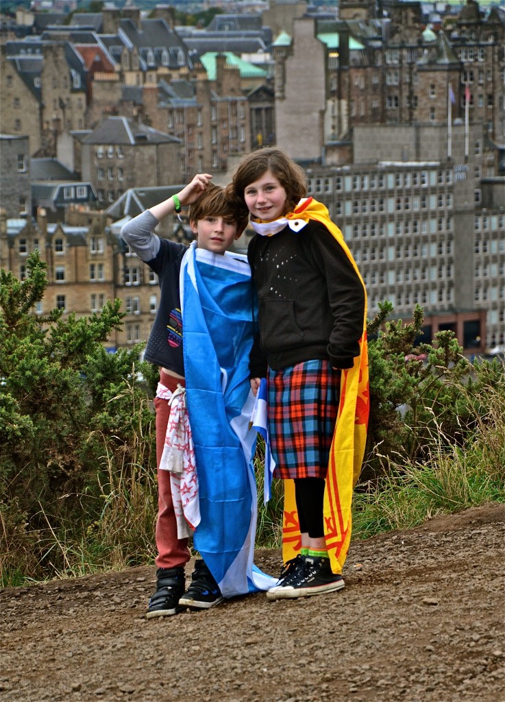 Children with flags and kilts, Scottish independence rally, Edinburgh