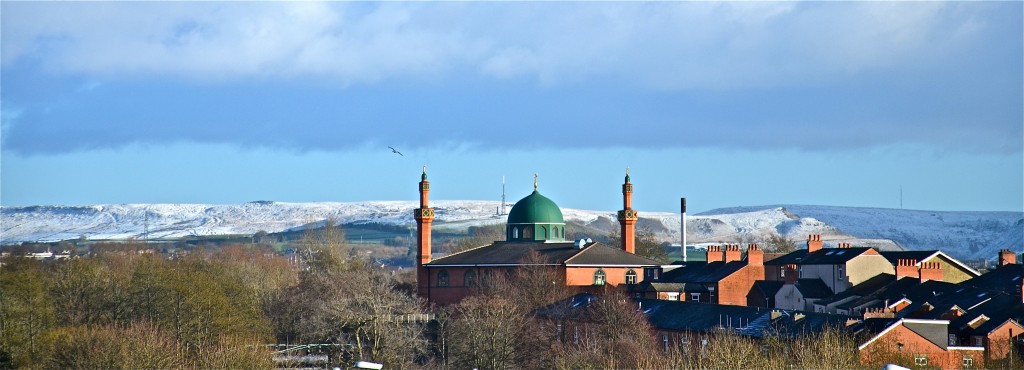 Mosque, Oldham, looking towards Pennines and Saddleworth, Peak District